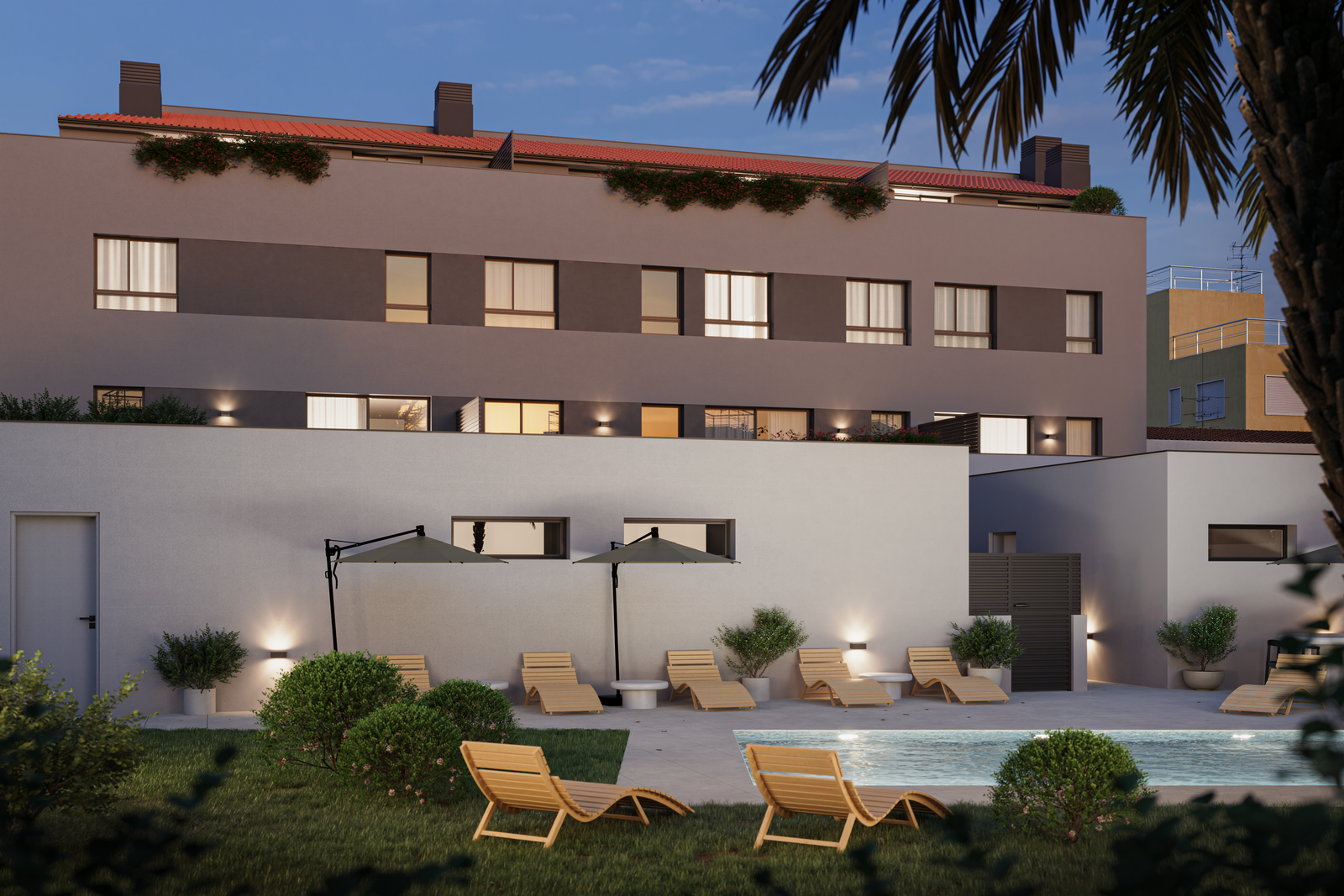 Render de la piscina y zona comunitaria del proyecto