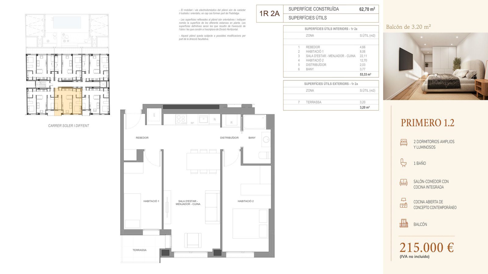 Plano de Primero 1.2 en Residencial Soler i Diffent, vivienda reservada