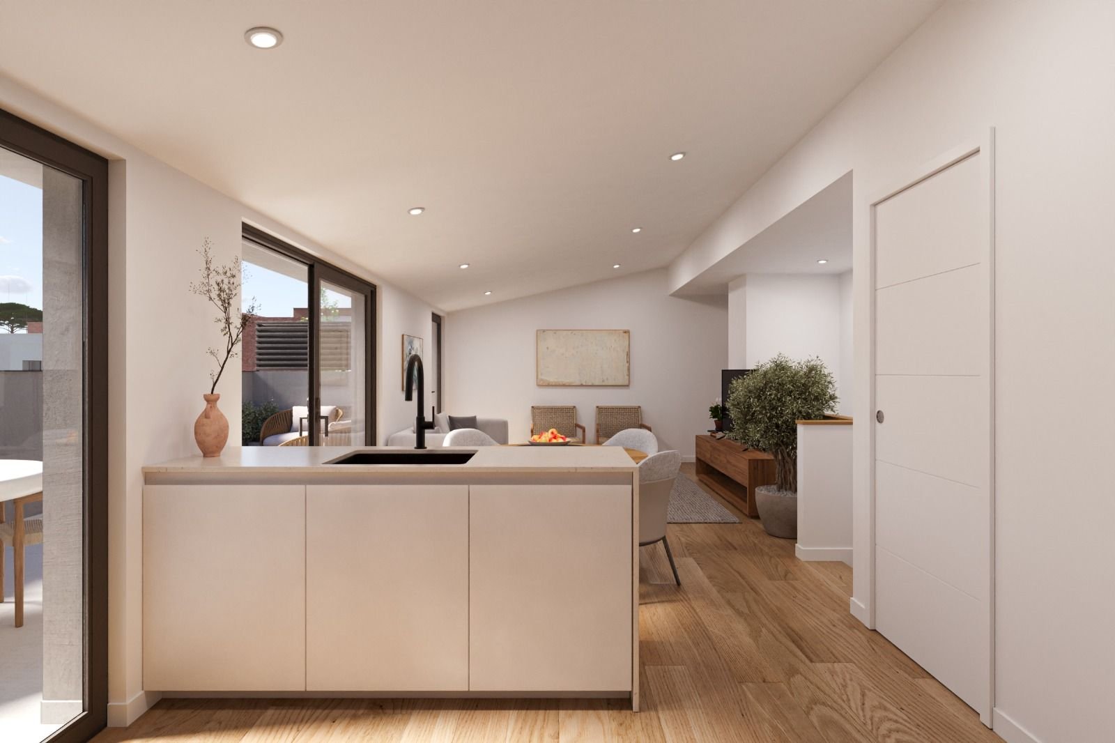 Render de cocina abierta de Residencial Soler i Diffent