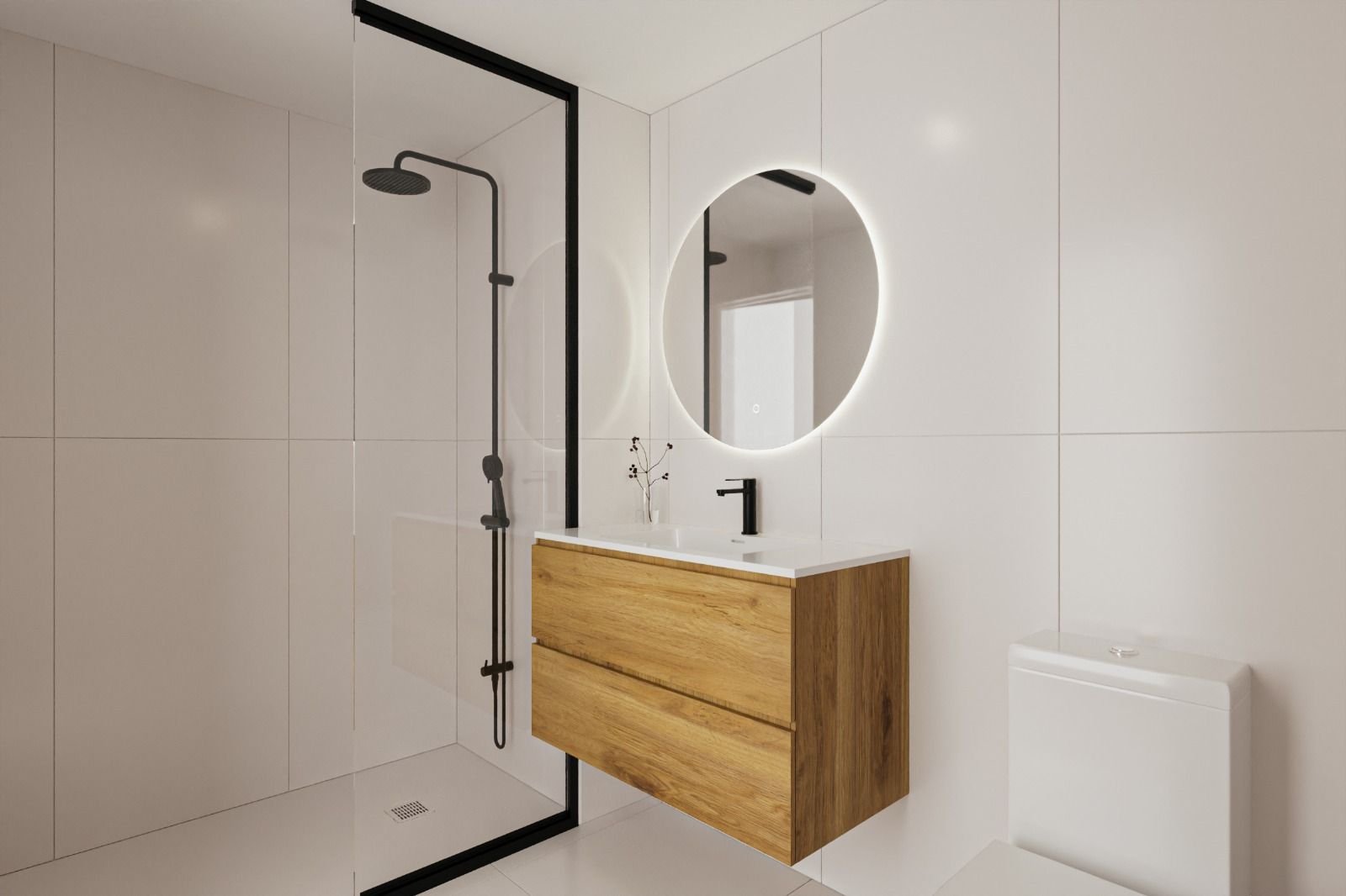 Render de baño con ducha de Residencial Soler i Diffent