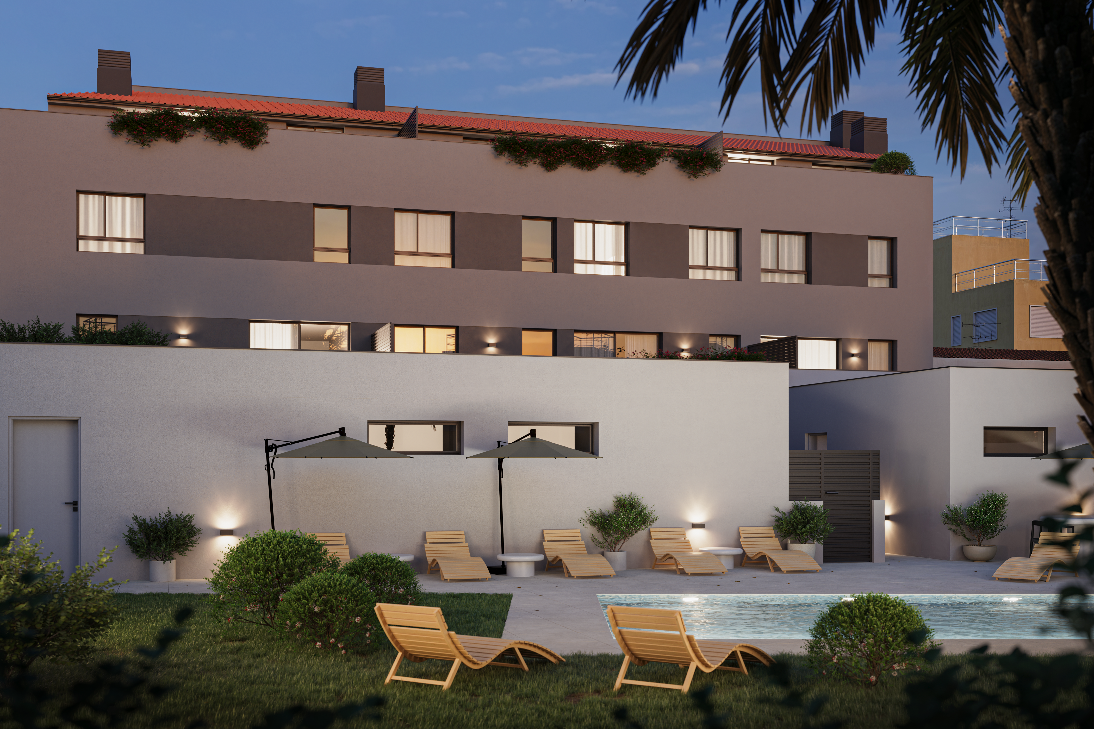 Render de la piscina y zona comunitaria del proyecto