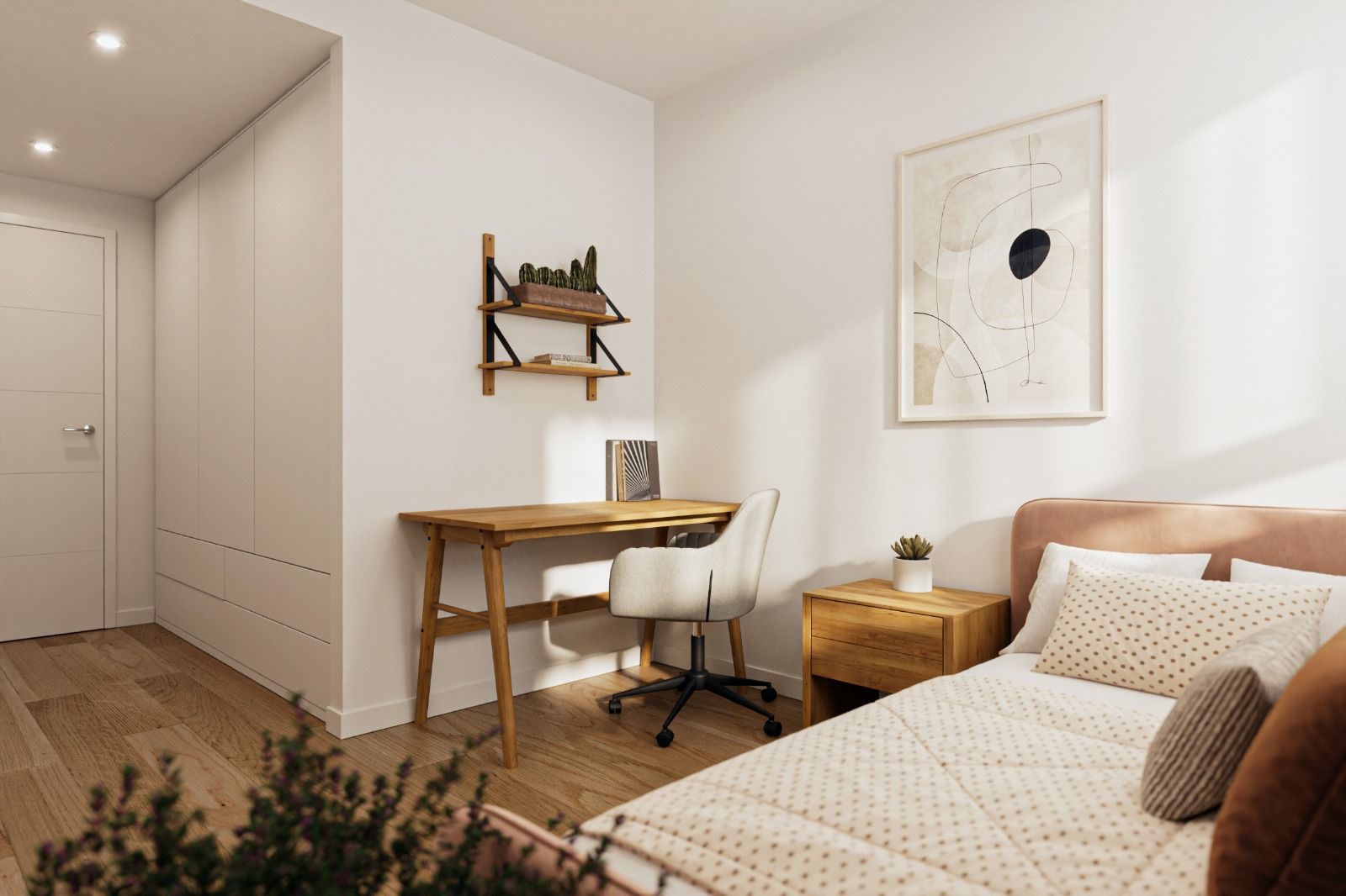 Render de dormitorio con zona de trabajo de Residencial Soler i Diffent