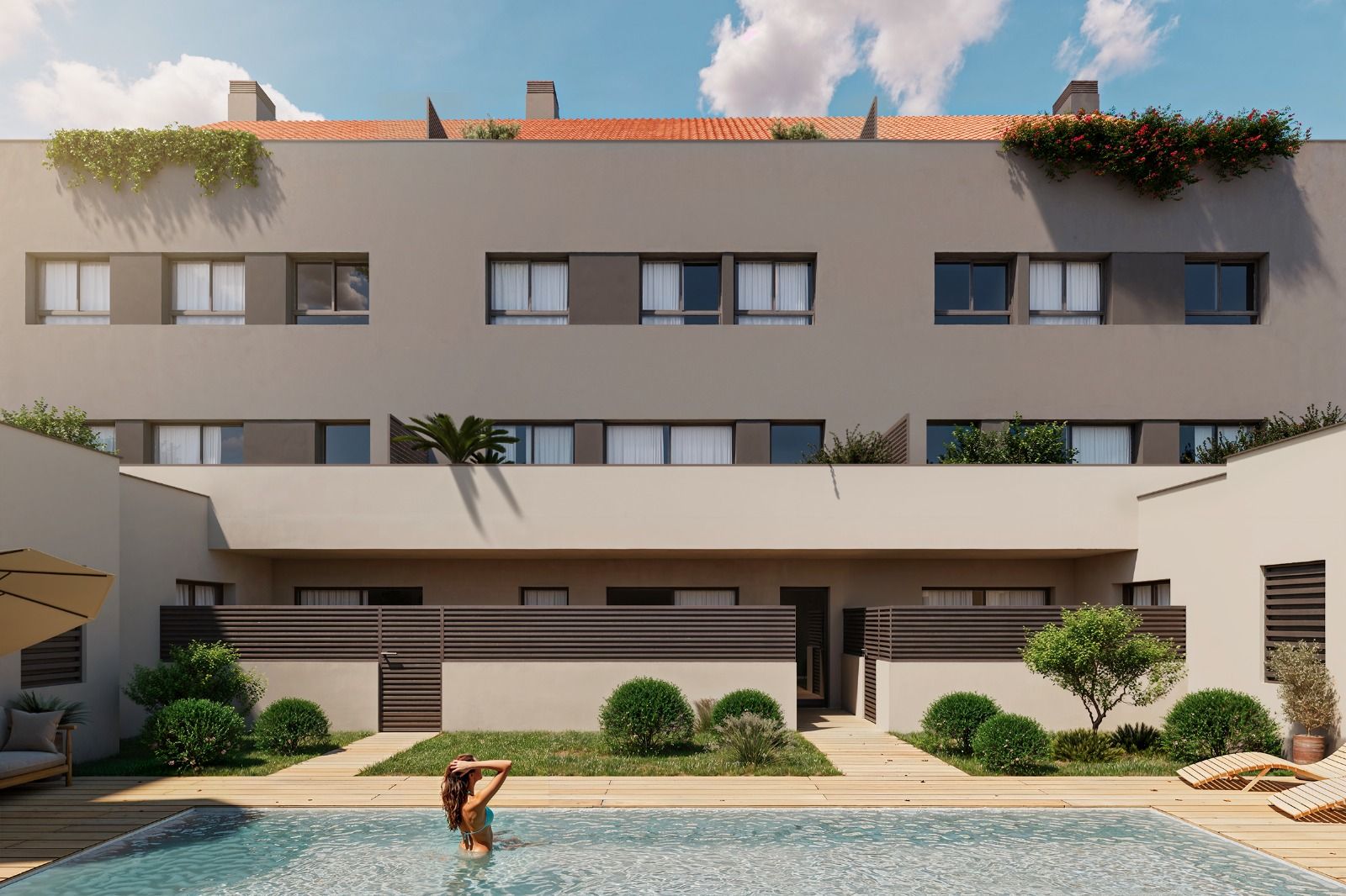 Render de piscina y fachada posterior de Residencial Soler i Diffent